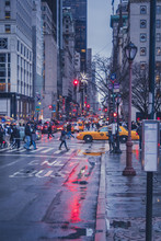 Evening View Of The 5th Ave On A Rainy Day, New York City