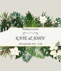 Wall Mural - wedding invitation, background with tropical leaves