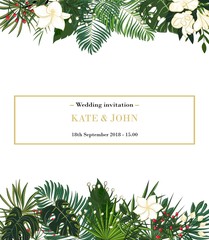 Wall Mural - wedding invitation, background with tropical leaves