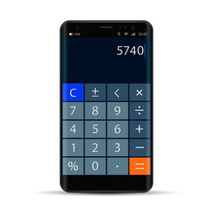 smartphone with calculator app, vector realistic modern illustration
