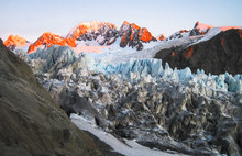 The Upper Section Of The Fox Glacier At Sunset. South Island Of New Zealand.