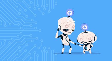 Two Cute Robots Sleeping Updating System Programming Software Over Circuit Background Flat Vector Illustration