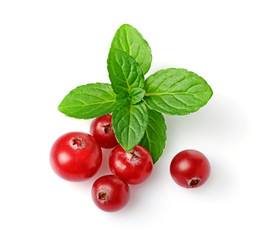 Wall Mural - Close-up fresh juicy cranberries with mint for healthy vegan nutrition