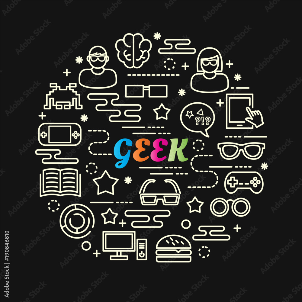geek colorful gradient with line icons set - obrazy, fototapety, plakaty 