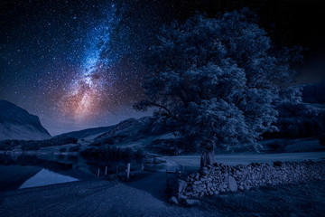 Wall Mural - field in district lake at night with stars, england