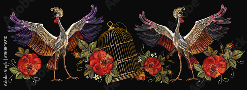 Fotomural Embroidery crane birds, golden cage and roses