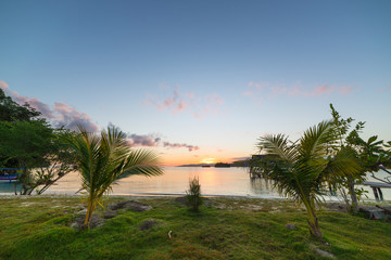 Wall Mural - Togean Islands Sunrise, Togian Islands travel destination, Sulawesi, Indonesia. Beach with palm and transparent turquoise water with scattered islets.