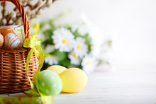 Happy Easter. Congratulatory Easter Background. Easter Eggs And Flowers.