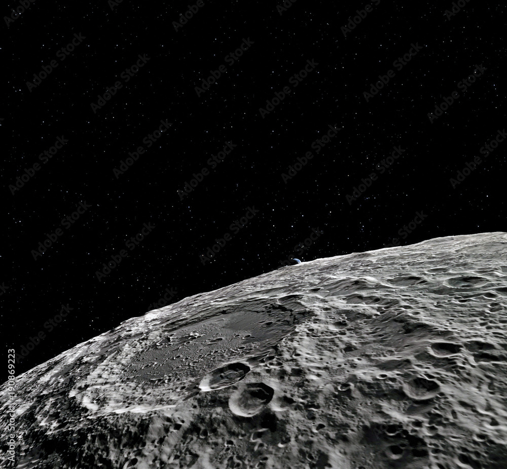 Moon surface. Realistic 3d render of moon and space. Space and planet. Satellite. Nebula. Stars. Elements of this image furnished by NASA. - obrazy, fototapety, plakaty 