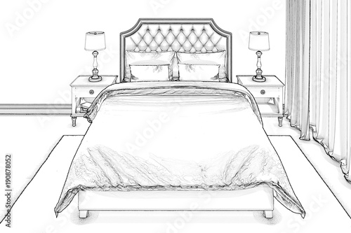 3d Illustration Sketch Of A Bedroom Buy This Stock