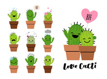 Set Of Emoji Icons With Cute Cactuses In Brown Flower Pots. Cartoon Style Emotion Stickers Or Patches Or Pins On White Isolated Background.