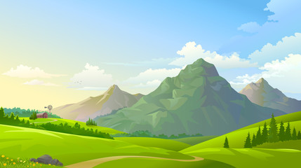 Wall Mural - green meadows with three mountains in the background