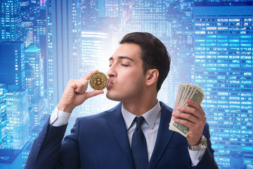 Businessman in bitcoin price increase concept