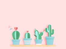 Cactus In Paper Art Style Or Digital Craft