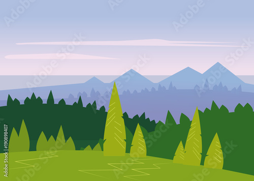 Landscape minimalistic, mountains, sea, trees, flat, isolated, vector, illustration © hadeev