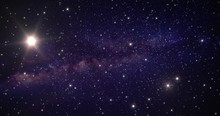 A Slow Animated Background Traveling Through Open Space. Stars Flow Past Camera, With A Two Bright Suns And The Center Of The Galaxy In The Distance.	