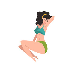 Wall Mural - Portrait of beautiful pin-up model in lying position. Pretty young girl in retro swimwear with black curly hair. Smiling sensual woman with sexy body. Flat vector design