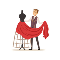 Sticker - Male dressmaker sewing red dress on a dressmakers dummy, clothing designer or tailor working at atelier vector Illustration