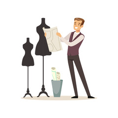 Sticker - Male fashion designer standing near the dummy, tailor couture working at atelier vector Illustration