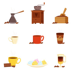 Sticker - Coffee set, various kitchen utensils for making coffee and food ingredients vector Illustrations