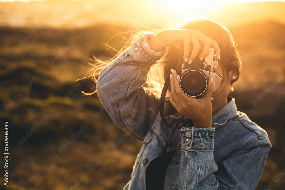 Woman Taking Picture Outdoors - obrazy, fototapety, plakaty 