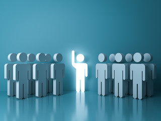 Fototapete - Stand out from the crowd and different concept , One glowing light man raising his hand among other people on light green pastel color background with reflections and shadows . 3D rendering.