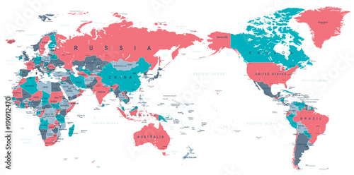 Obraz w ramie Political World Map Pacific Centered