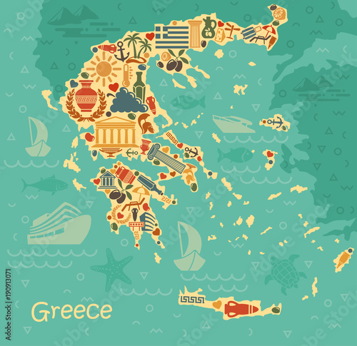Fotomural Symbols of Greece in the form of map