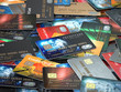 Pile of colored credit cards background,