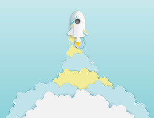 Wall Mural - Paper art of space shuttle launch to the sky. Blue sky, fluffy clouds. Rocket launch. Start up business concept and exploration idea. Pastel colors