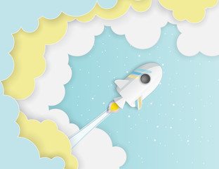 Sticker - Paper art of space shuttle launch to the sky. Blue sky, shining stars, fluffy clouds. Rocket launch. Start up business concept and exploration idea