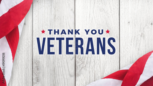 Fotografía Thank You Veterans Text with American Flag Over White Wood Background for Memori