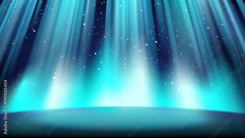 Empty blue stage with a dark background, illuminated by a bright ...