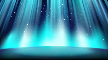 Wall Mural - Empty blue stage with a dark background, illuminated by a bright spotlight, a place surrounded by a glowing plasma