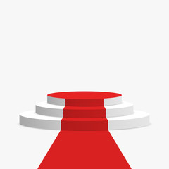 Poster - Red carpet and podium. White round pedestal with stairs isolated on background. Stage for winners and award ceremony
