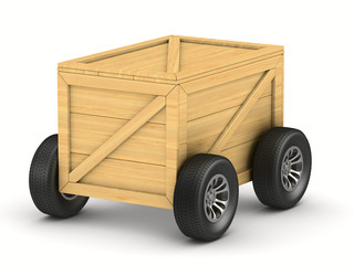 Wall Mural - cargo box with wheel on white background. Isolated 3D illustration