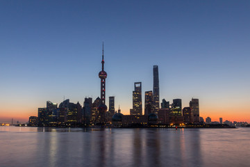 Wall Mural - Panoramic Shanghai Skyline in the Morning. Lujiazui Financial District and Huangpu River. View from The Bund Embankment. China.