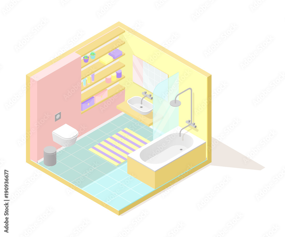 Vector isometric low poly cutaway interior illustartion. Bathroom Stock ...