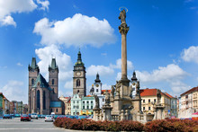 Famous Great Square With White Tower, Town Hall, Gothic Saint Spirit Cathedral, Historical Town Hradec Kralove, Czech Republic