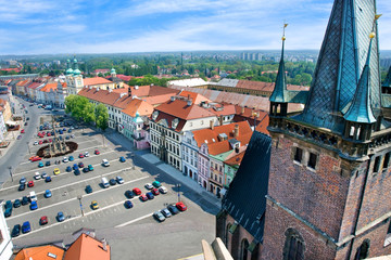 famous Great square with White tower, town hall, gothic saint Spirit cathedral, historical town Hradec Kralove, Czech republic