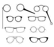 Glasses Silhouette Vector Set. Frames To Modern Sunglasses With Different Styles As Well As Vintage Eyeglasses - Lorgnette, Monocle And A Magnifying Glass