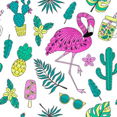 Wall Mural - Seamless pattern with flamingo, exotic leaves. Set of hand drawn vector tropical elements