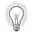 Glowing light incandescent bulb with ray. Vector vintage engraving