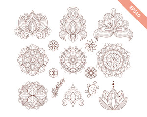 Decorative hand drawn element henna style collection. Floral set for your design, tattoo.