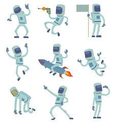 Wall Mural - Vector alien character astronaut in space working having fun Isolated on white background space galaxy solar system alien traveler man gravity floating journey suit vector alien robot character