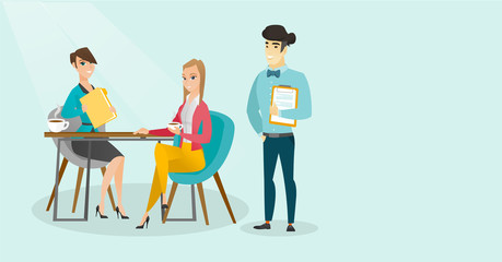 Poster - Young multiracial business people drinking coffee and talking at business meeting. Caucasian white women and asian man chatting at business meeting. Vector cartoon illustration. Horizontal layout.