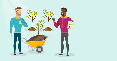 Poster - Young caucasian white and african-american men plant tree. Men giving thumb up while standing with wheelbarrow and certificate near newly planted trees. Vector cartoon illustration. Horizontal layout.