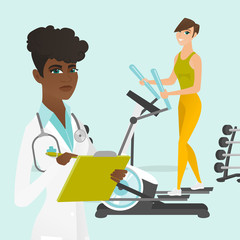 Poster - Young caucasian white woman doing exercises on elliptical trainer and african doctor physiotherapist writing medical indicators of sportswoman in a notepad. Vector cartoon illustration. Square layout.