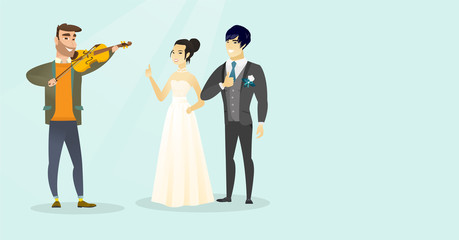 Poster - Young caucasian white man playing the violin for asian newlyweds and cheerful bridegroom in a wedding suit and bride in white dress giving thumb up. Vector cartoon illustration. Horizontal layout.