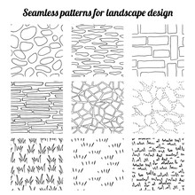 Big Collection Of Seamless Patterns For Landscape Design. Endless Texture, Contour, Black And White.